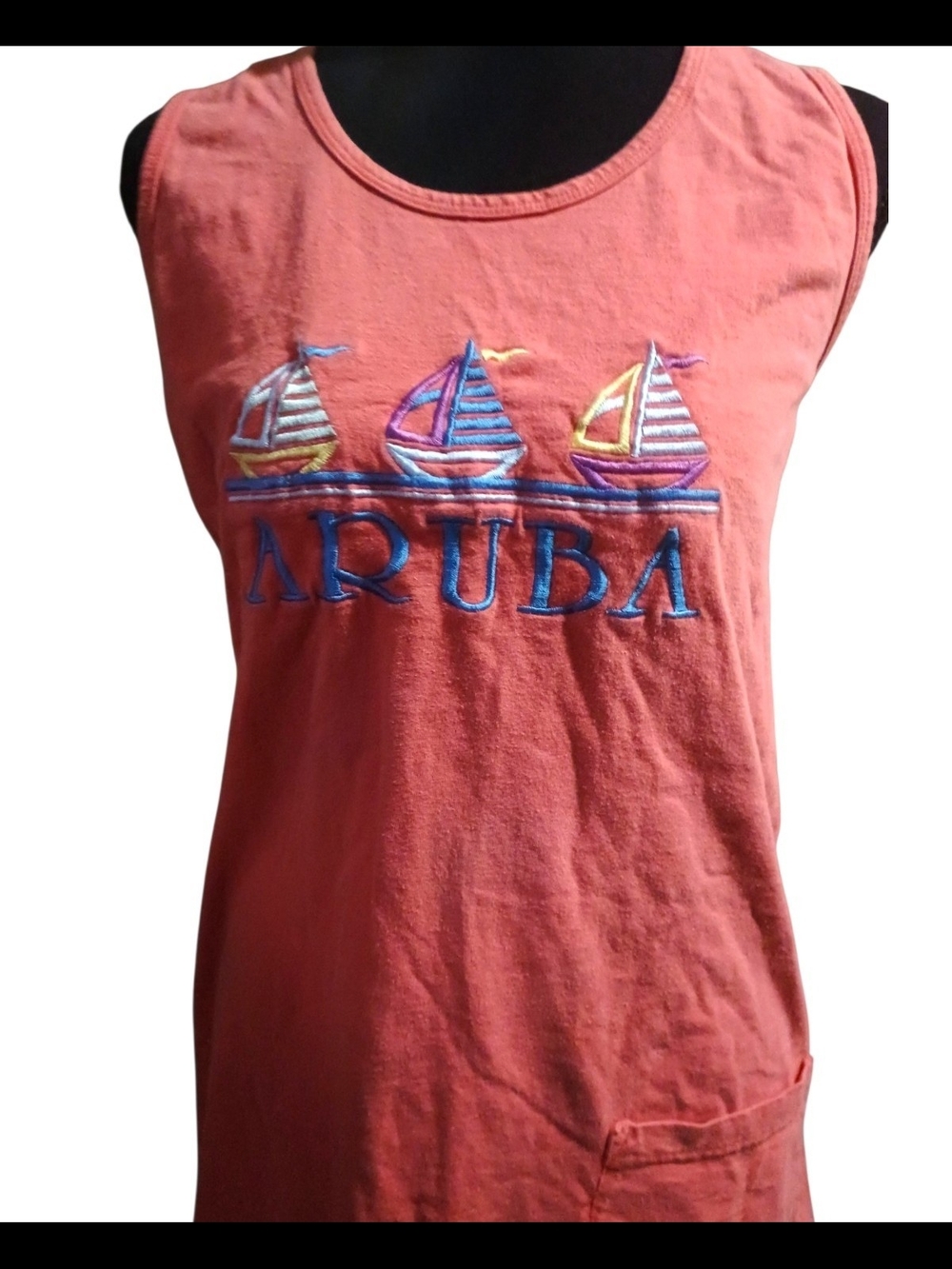 Cover-up Tank Dress Swimwear Aruba Embroidered Sailboat Beach W/Pocket One Size - Picture 4 of 10